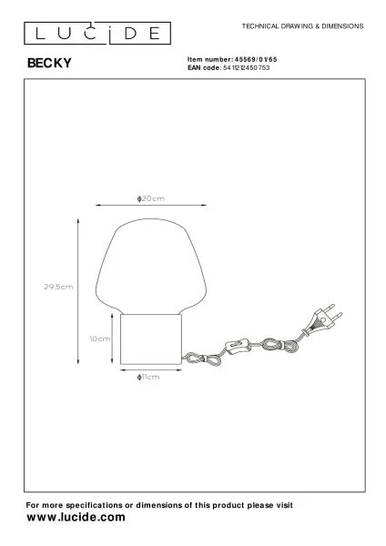 Lucide BECKY - Tischlampe - Ø 20 cm - 1xE27 - Rauchfarbe Grau - technisch